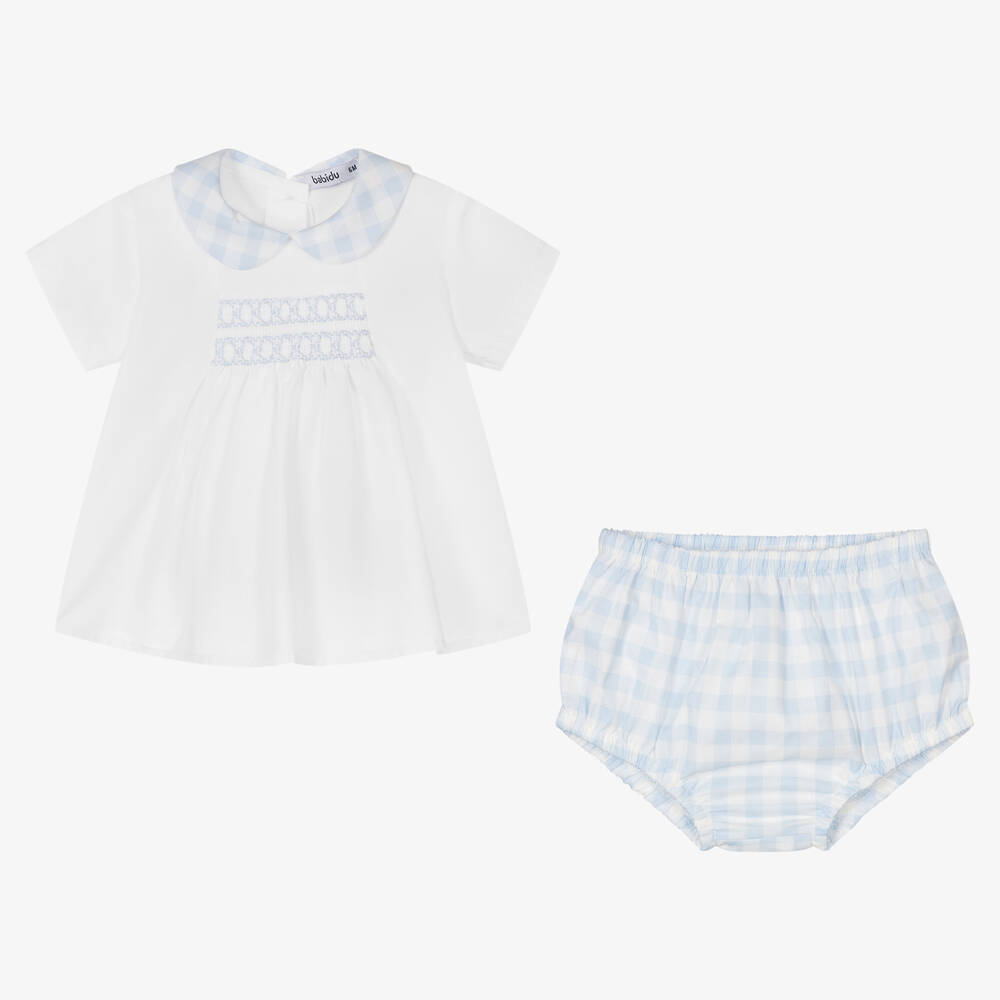 Babidu-Boys White & Blue Smocked Shorts Set | Childrensalon Outlet