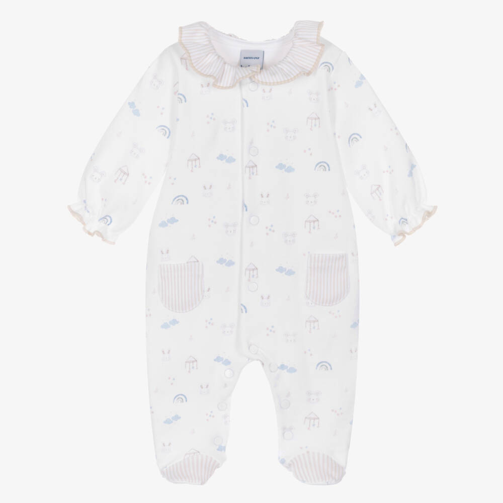 Babidu-Boys White Cotton Babygrow with Bunny & Cloud Print | Childrensalon Outlet