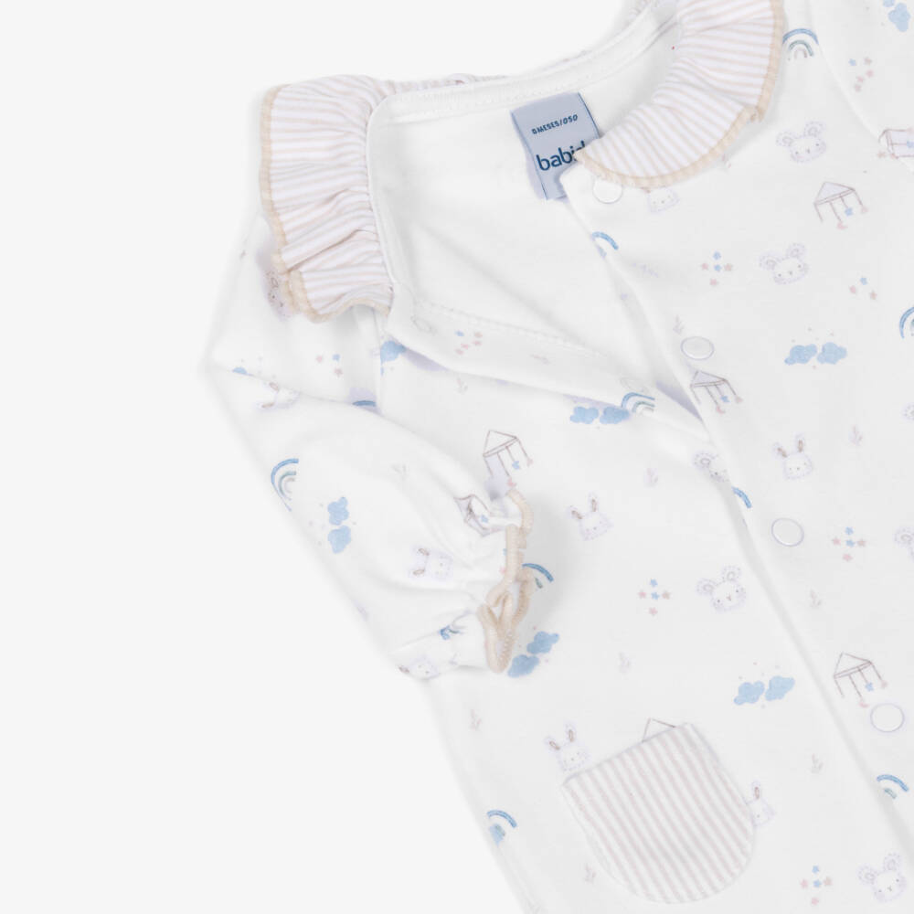 Babidu-Boys White Cotton Babygrow with Bunny & Cloud Print | Childrensalon Outlet