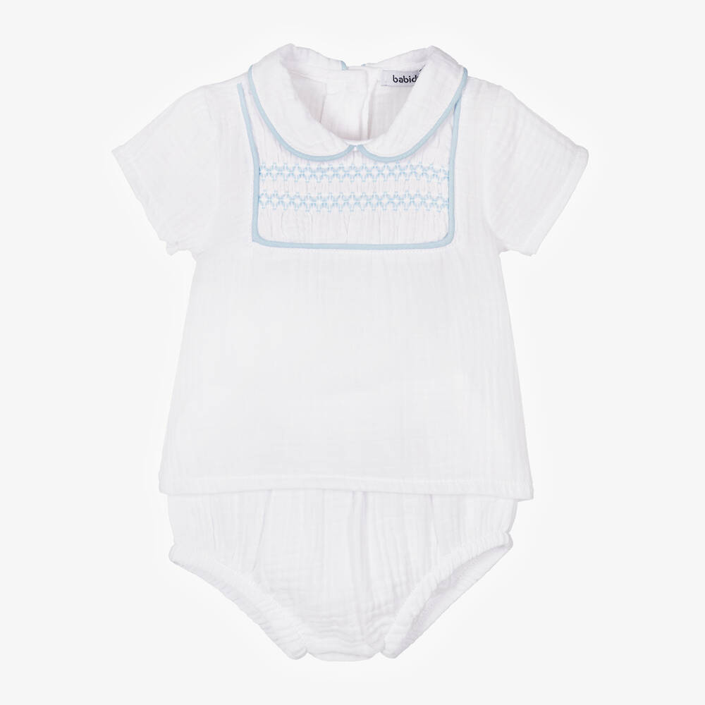 Babidu-Boys White Cotton Muslin Shorts Set | Childrensalon Outlet