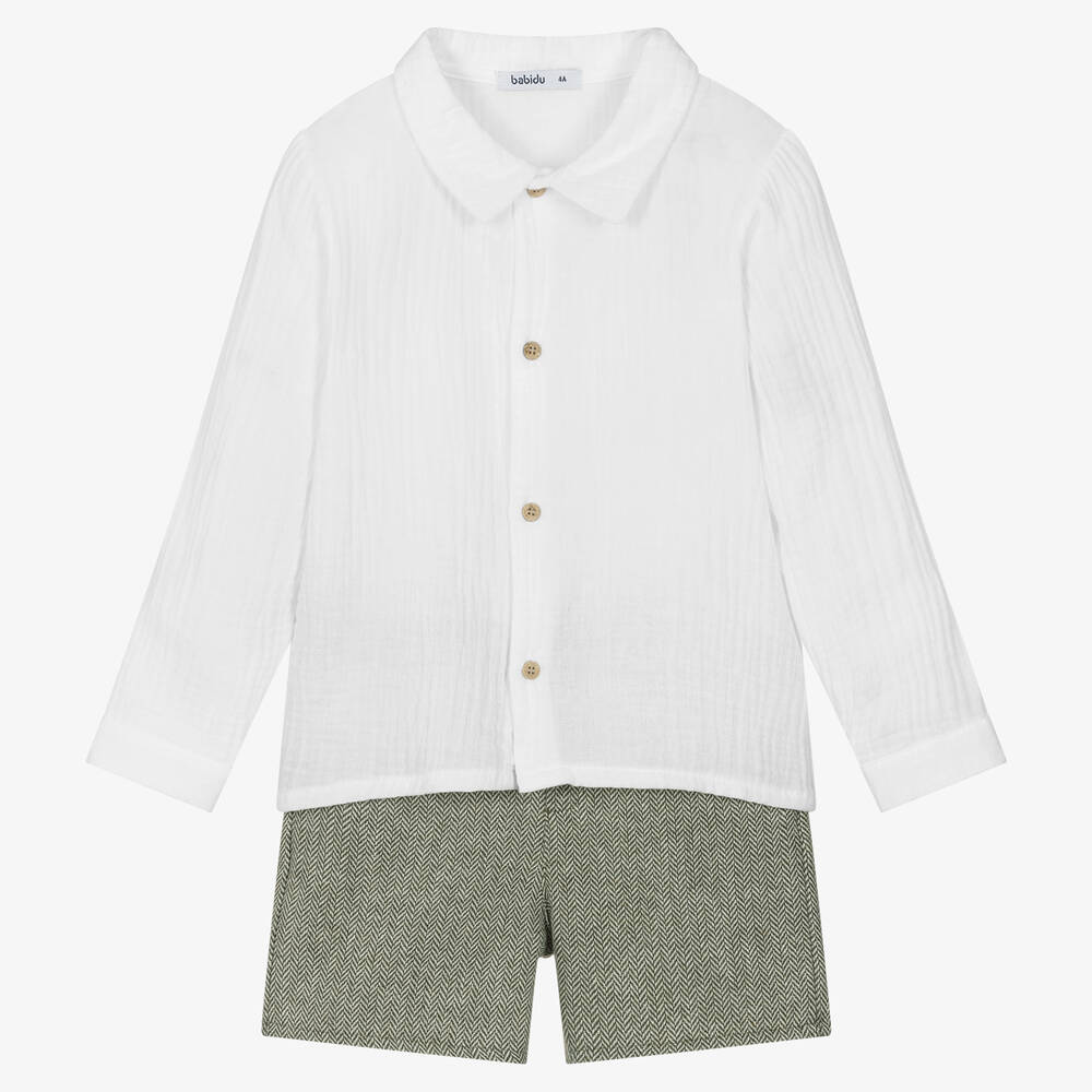 Babidu - Белая рубашка и зеленые шорты из хлопка | Childrensalon