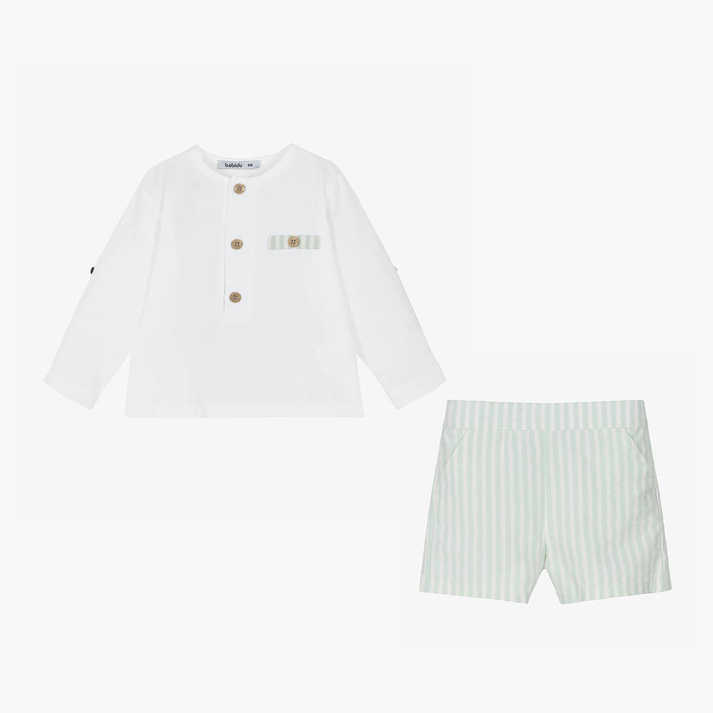 Babidu-طقم شورت قطن لون أبيض وأخضر للأولاد | Childrensalon Outlet