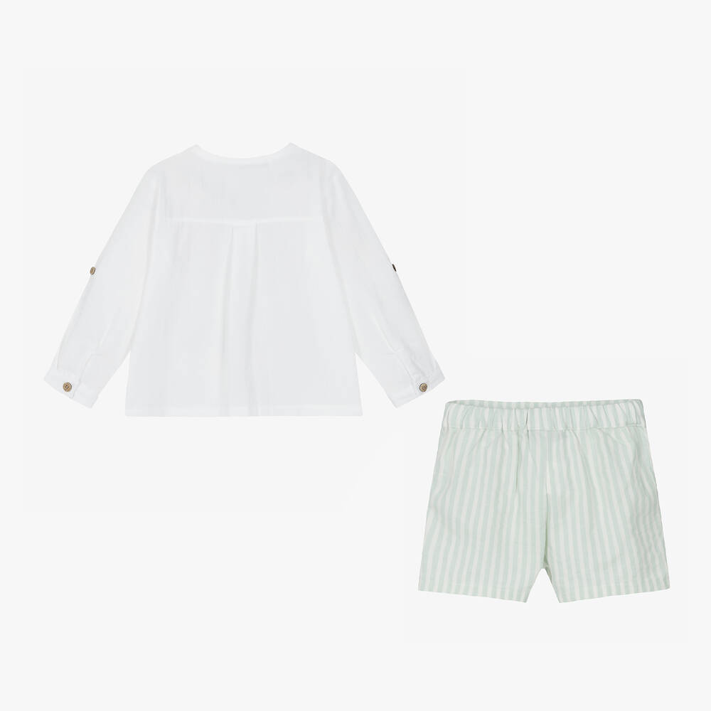 Babidu-طقم شورت قطن لون أبيض وأخضر للأولاد | Childrensalon Outlet