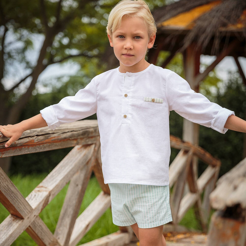 Babidu-طقم شورت قطن لون أبيض وأخضر للأولاد | Childrensalon Outlet