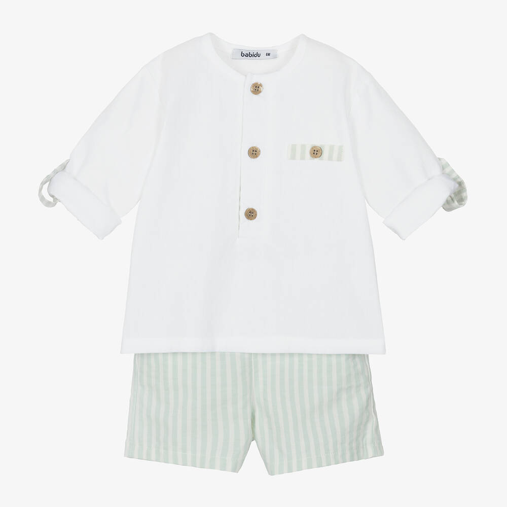 Babidu-Boys White & Green Cotton Shorts Set | Childrensalon Outlet