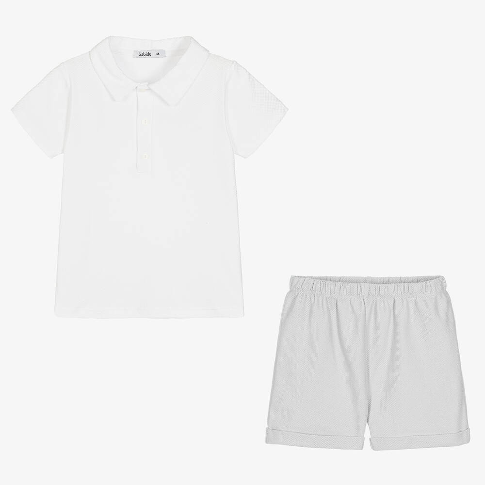 Babidu-Boys White & Grey Cotton Shorts Set | Childrensalon Outlet