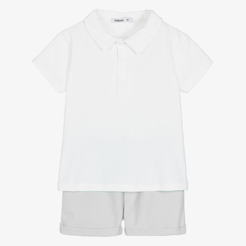 Babidu - Boys White & Grey Cotton Shorts Set | Childrensalon