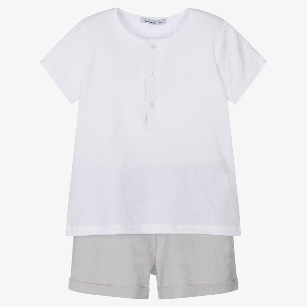 Babidu - Boys White & Grey Shorts Set | Childrensalon