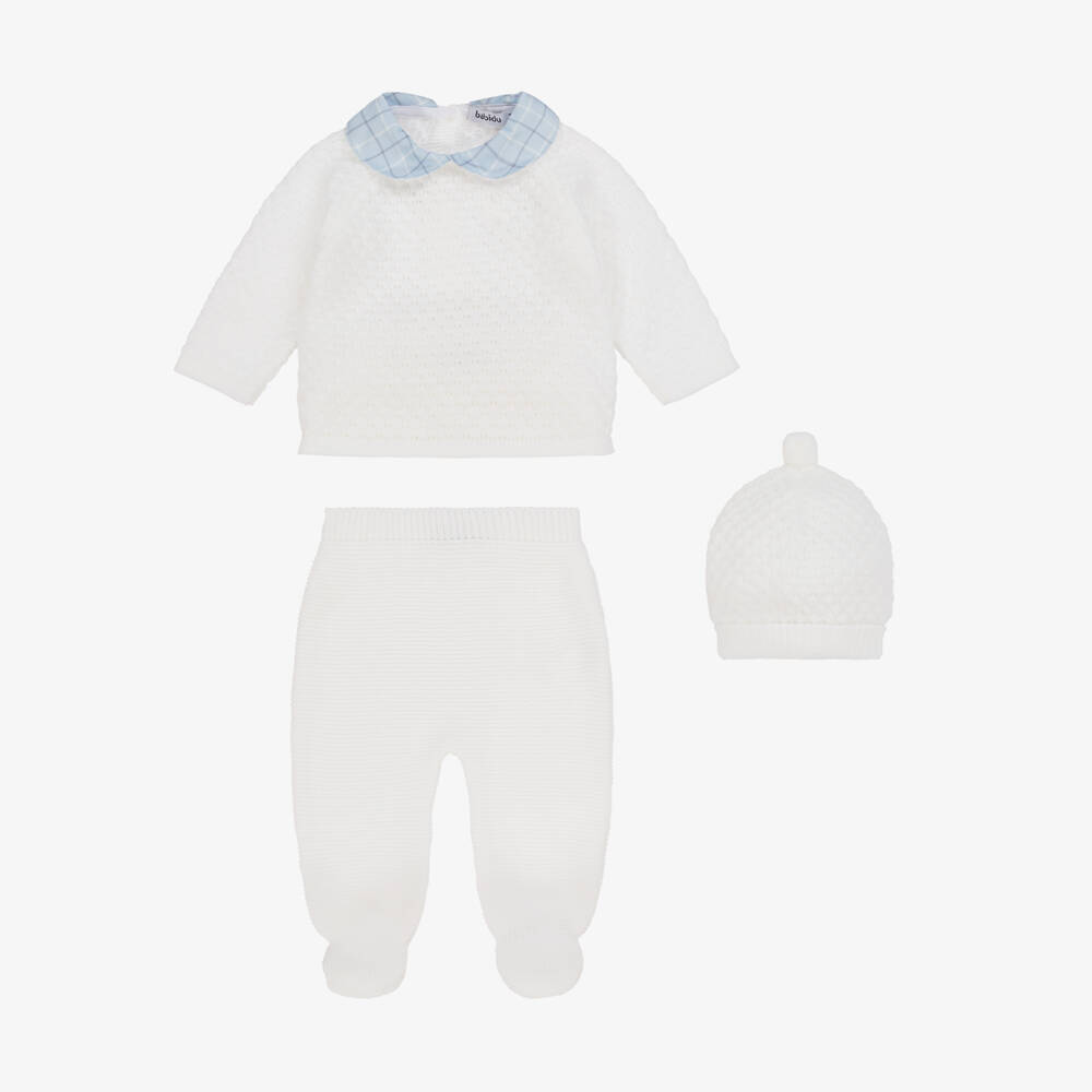 Babidu-Boys White Knitted Babysuit Set | Childrensalon Outlet