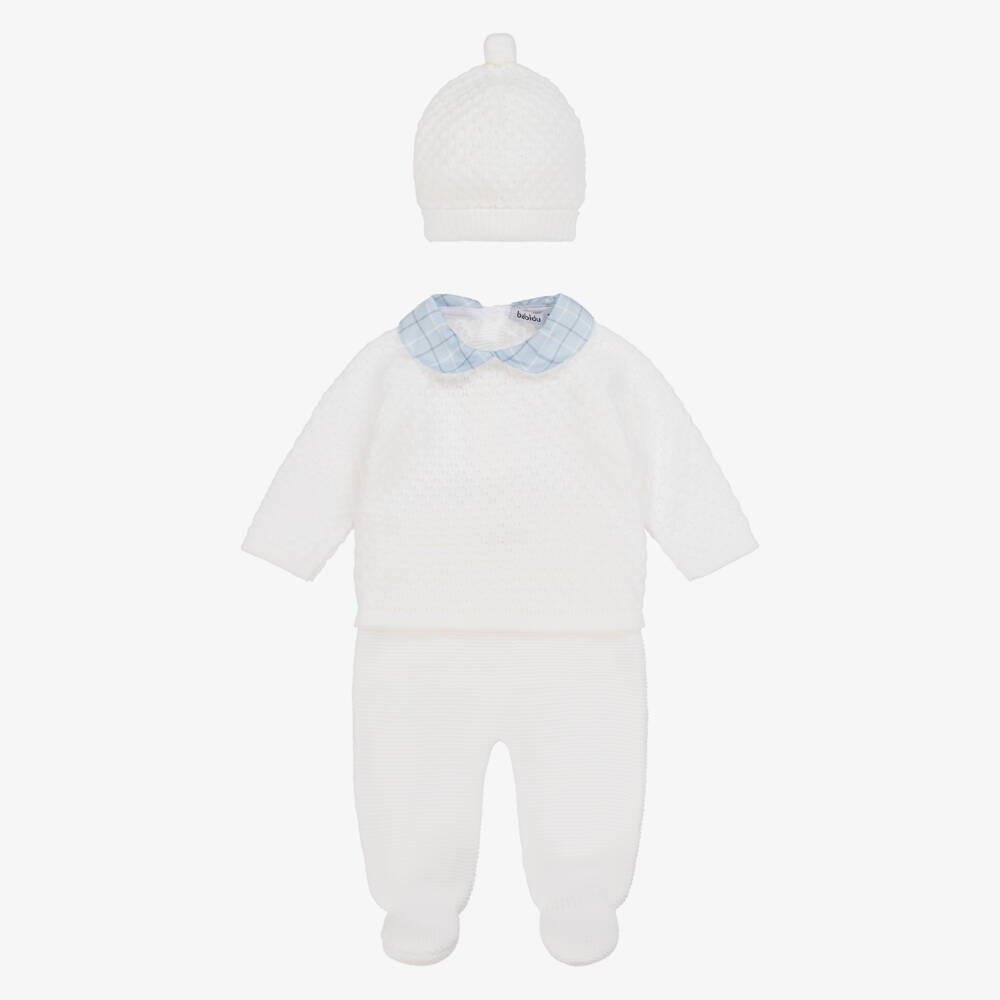 Babidu-Boys White Knitted Babysuit Set | Childrensalon Outlet