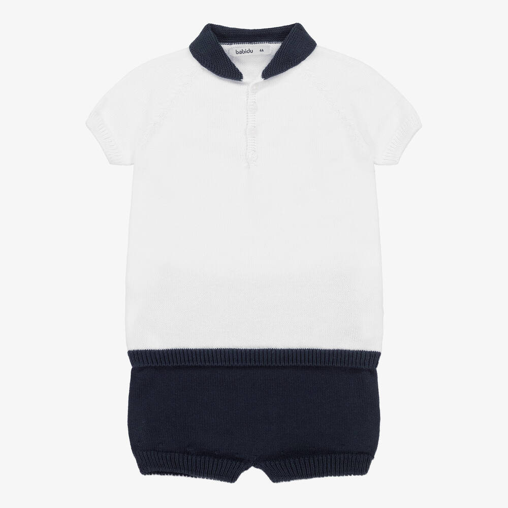 Babidu - Boys White & Navy Blue Knitted Shorts Set | Childrensalon