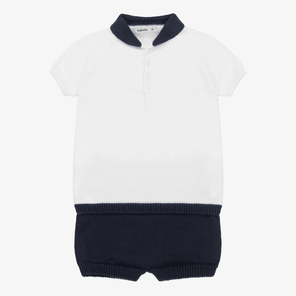 Babidu - Boys White & Navy Blue Knitted Shorts Set | Childrensalon