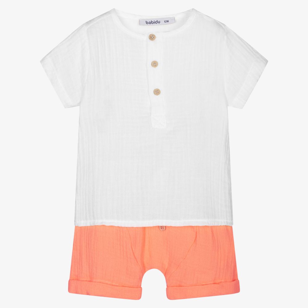 Babidu - Boys White & Orange Shorts Set | Childrensalon