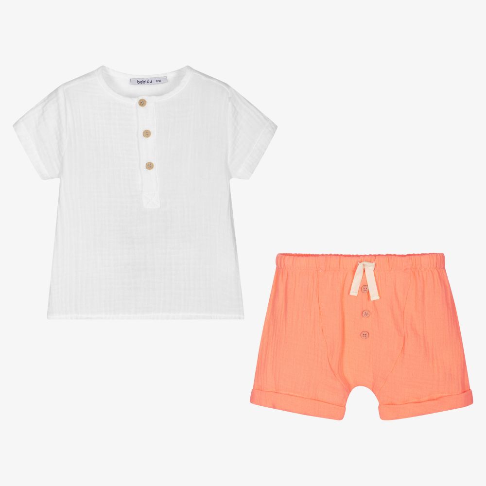 Babidu-طقم شورت قطن لون أبيض وبرتقالي للأولاد | Childrensalon Outlet
