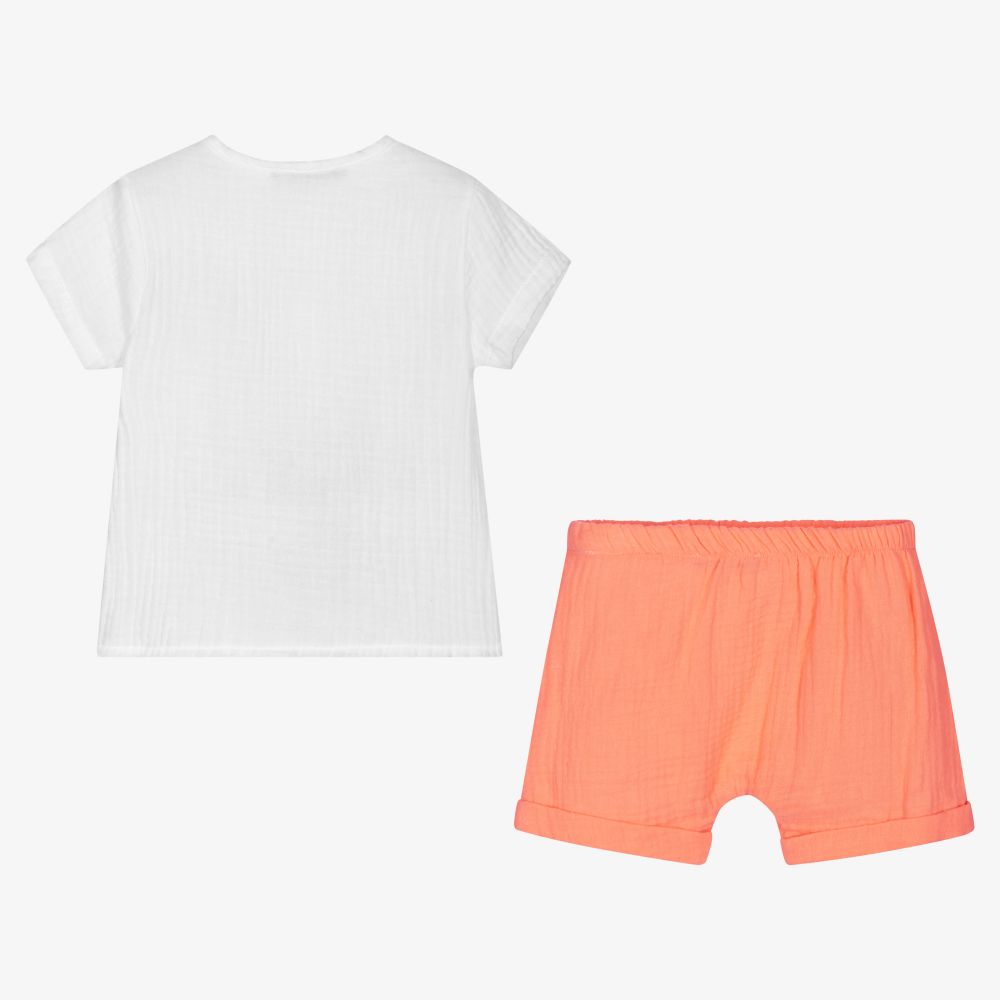 Babidu-طقم شورت قطن لون أبيض وبرتقالي للأولاد | Childrensalon Outlet
