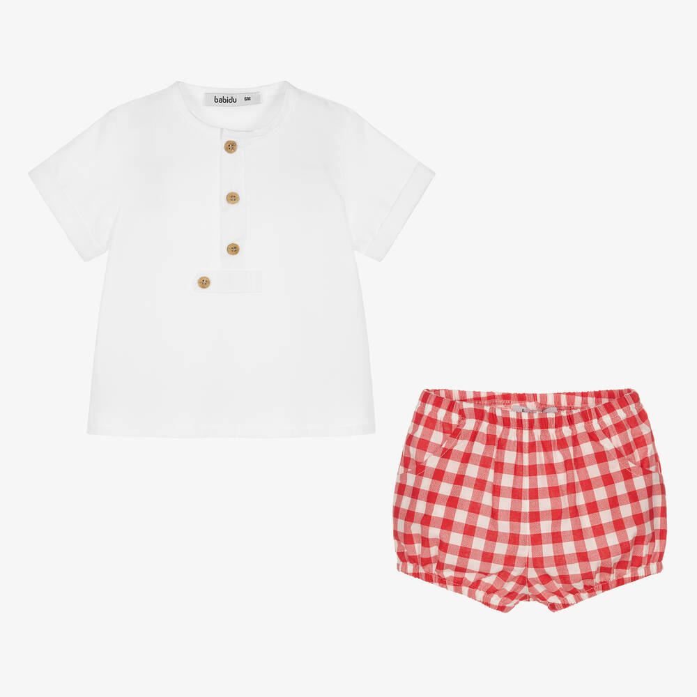 Babidu-Boys White & Red Gingham Shorts Set | Childrensalon Outlet
