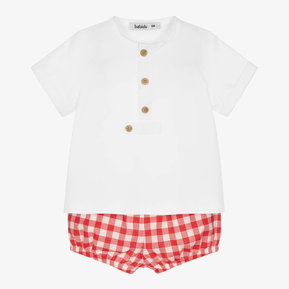 Babidu - Boys White & Red Gingham Shorts Set | Childrensalon