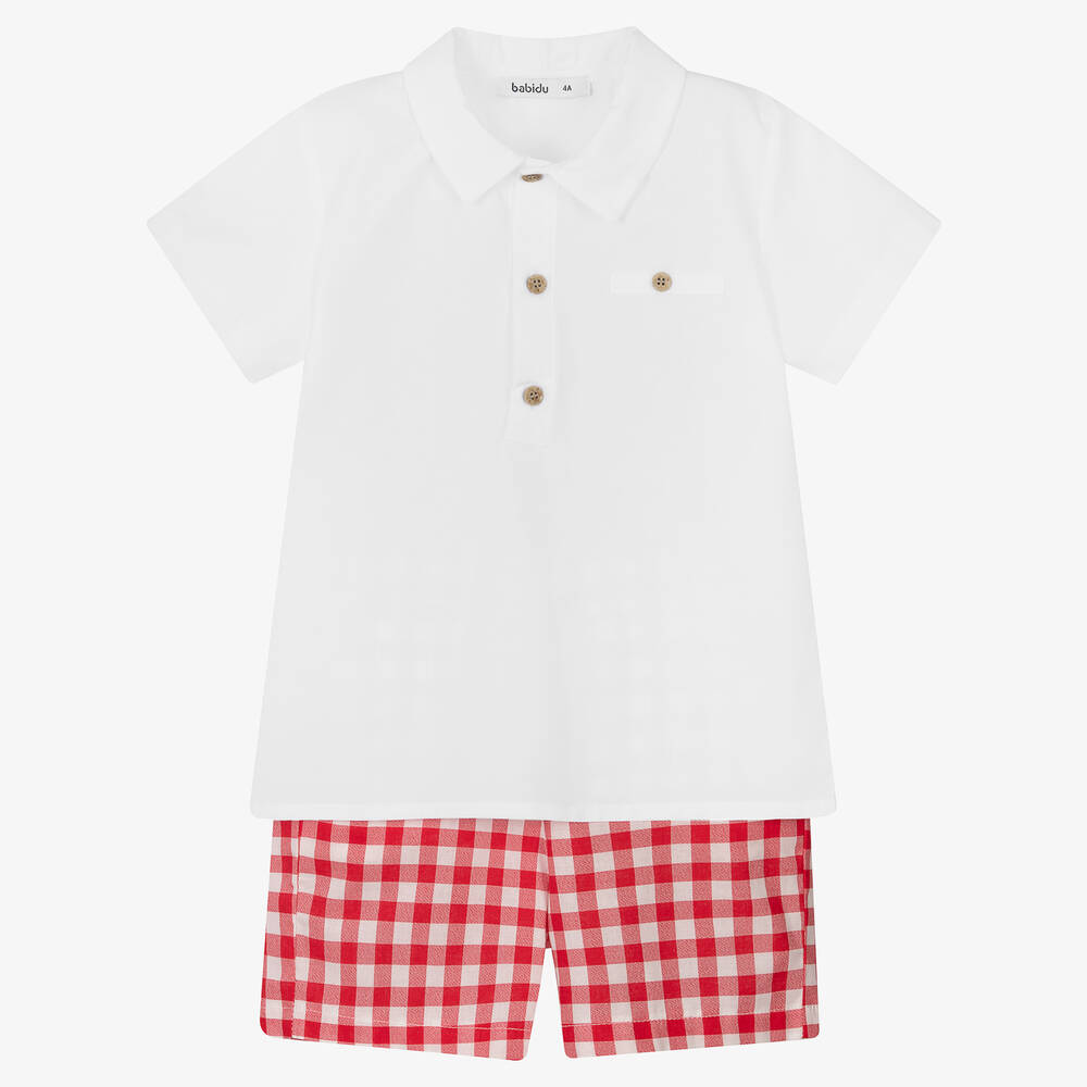 Babidu - Boys White & Red Gingham Shorts Set | Childrensalon