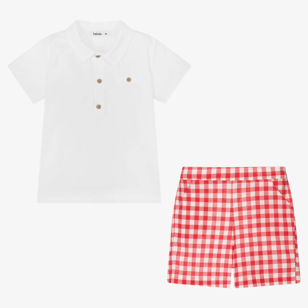 Babidu-Boys White & Red Gingham Shorts Set | Childrensalon Outlet