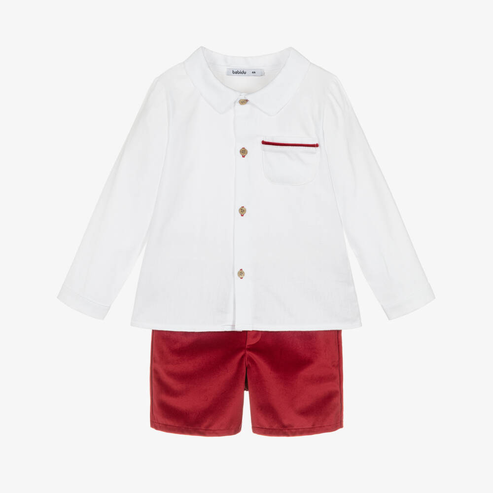 Babidu-Boys White Shirt & Red Velvet Shorts Set | Childrensalon Outlet