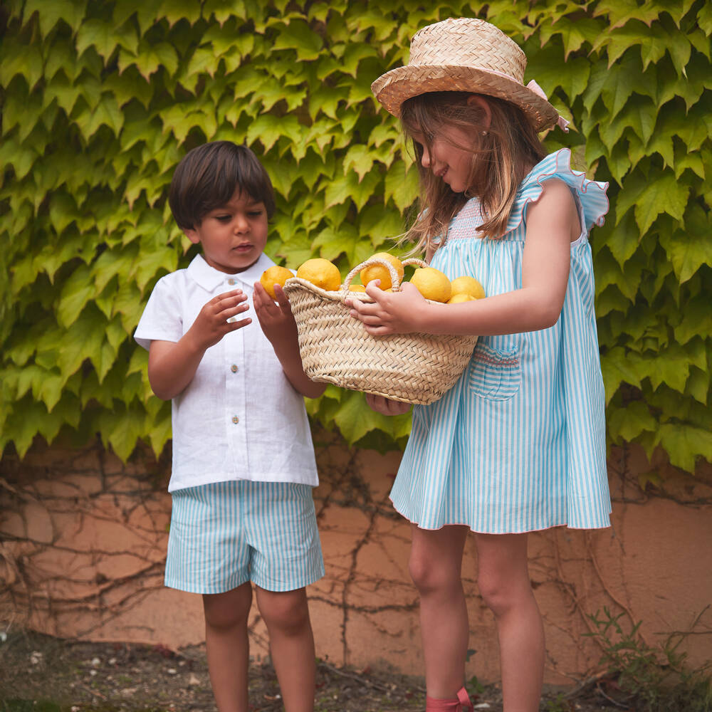 Babidu-Boys White & Turquoise Blue Stripe Cotton Shorts Set | Childrensalon Outlet