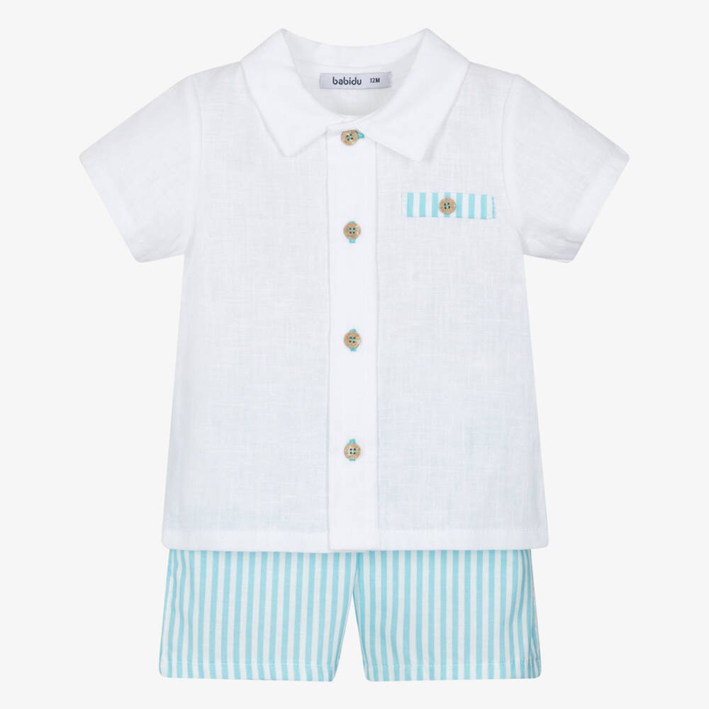 Babidu-Boys White & Turquoise Blue Stripe Cotton Shorts Set | Childrensalon Outlet