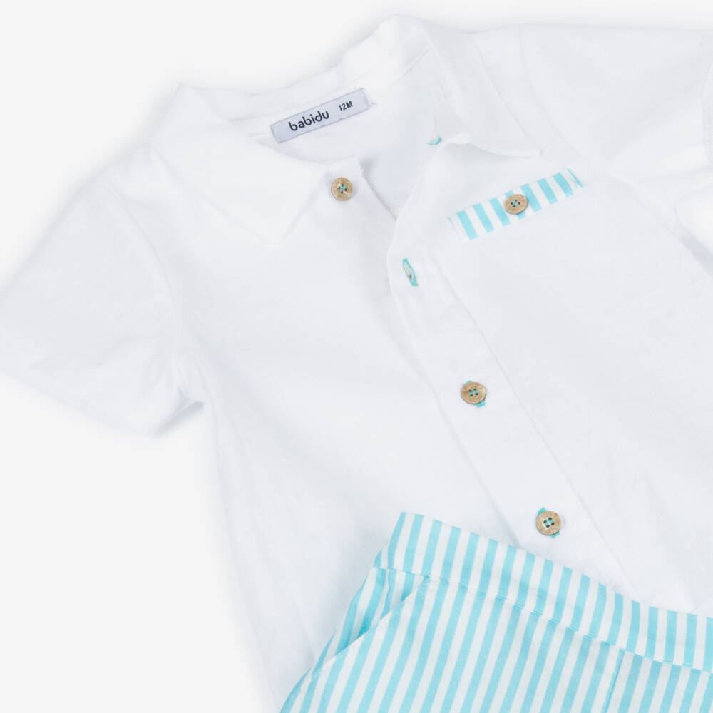 Babidu-Boys White & Turquoise Blue Stripe Cotton Shorts Set | Childrensalon Outlet