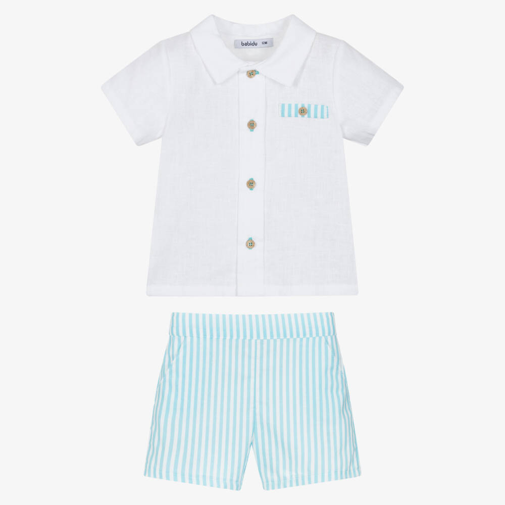 Babidu-Boys White & Turquoise Blue Stripe Cotton Shorts Set | Childrensalon Outlet
