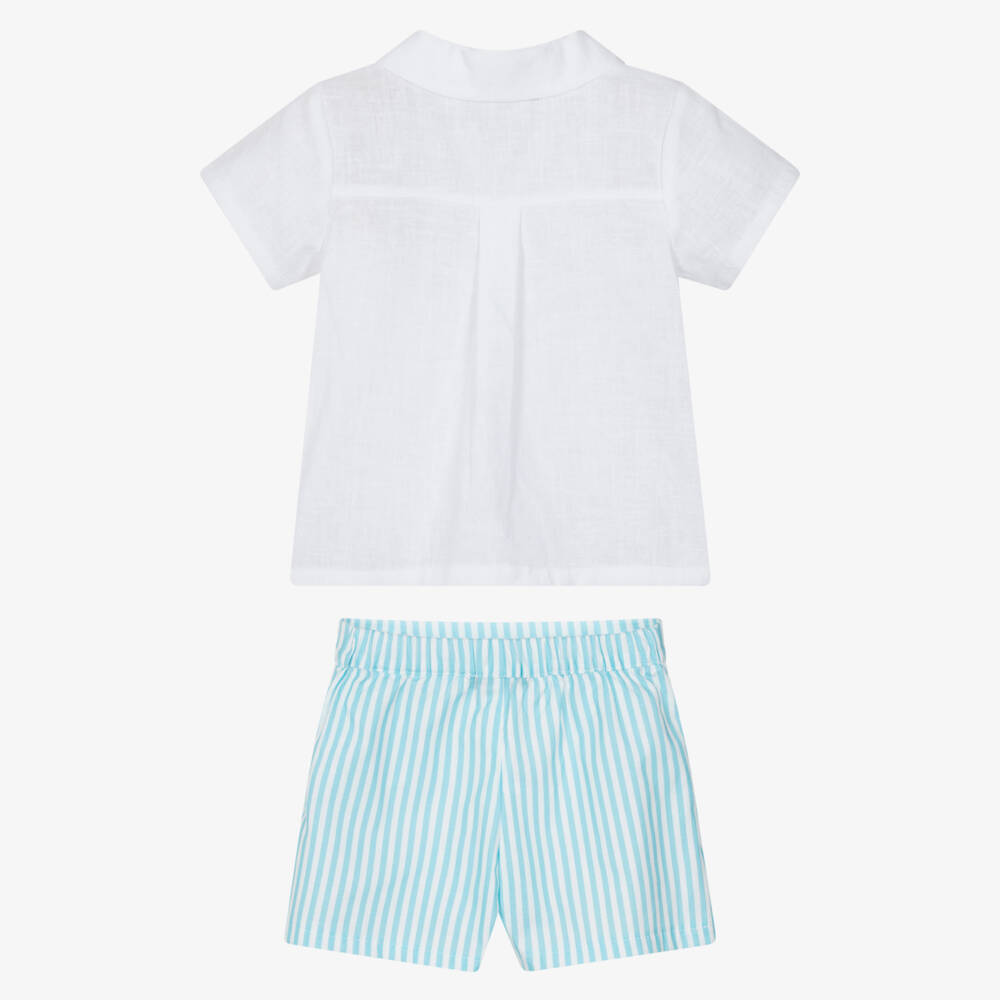 Babidu-Boys White & Turquoise Blue Stripe Cotton Shorts Set | Childrensalon Outlet