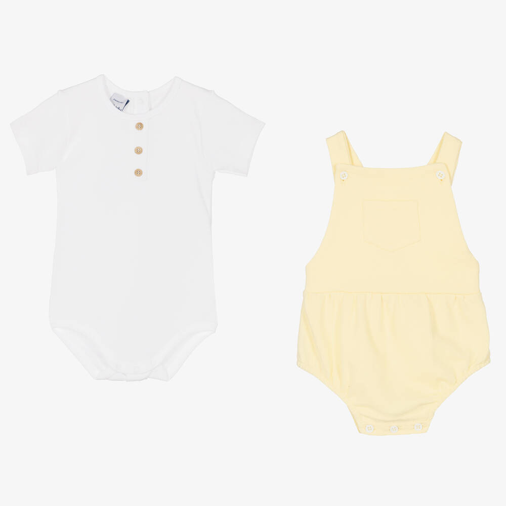 Babidu-طقم دانغريز أطفال ولادي قطن لون أصفر وأبيض | Childrensalon Outlet