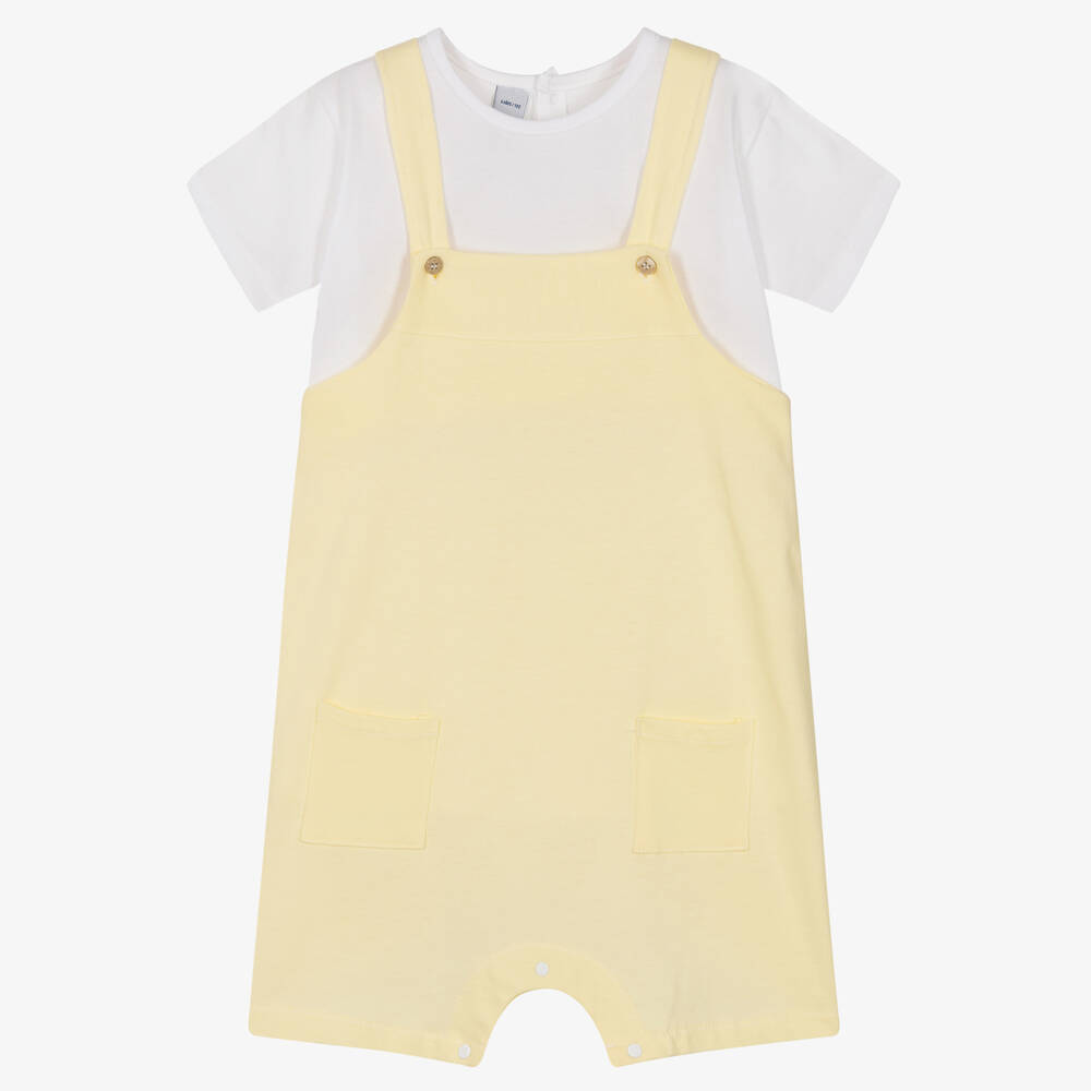 Boys Yellow Cotton Dungaree Shorts Set