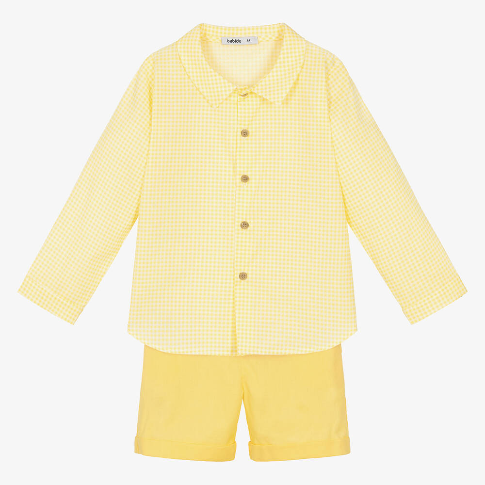 Babidu - Желтая рубашка в клетку и шорты из хлопка | Childrensalon