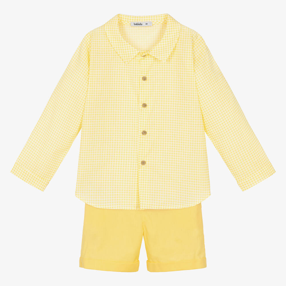 Babidu - Boys Yellow Gingham Cotton Shorts Set | Childrensalon