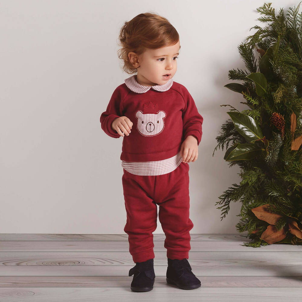 Babidu-Burgundy Red Cotton Teddy Bear Trouser Set | Childrensalon Outlet