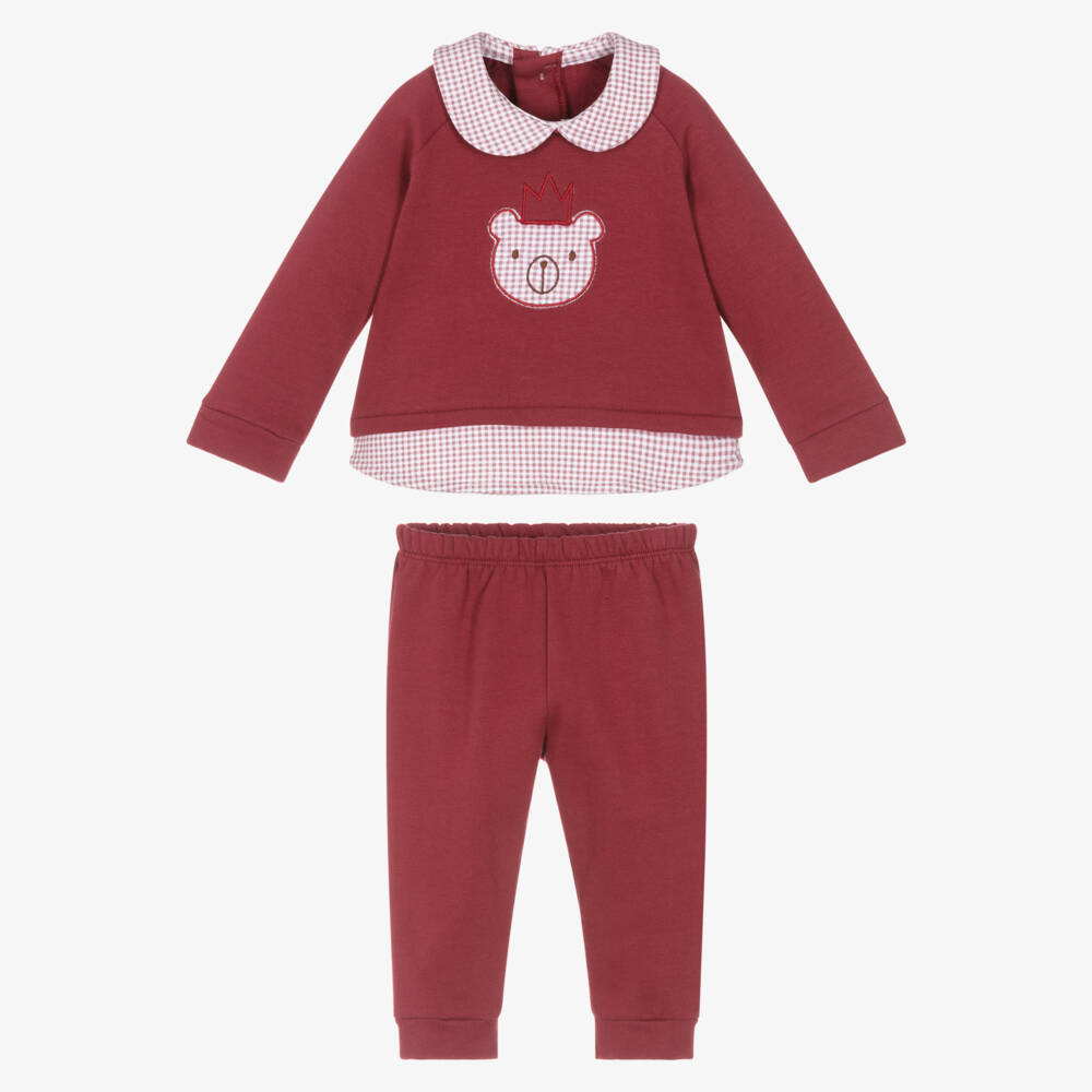 Babidu-Burgundy Red Cotton Teddy Bear Trouser Set | Childrensalon Outlet