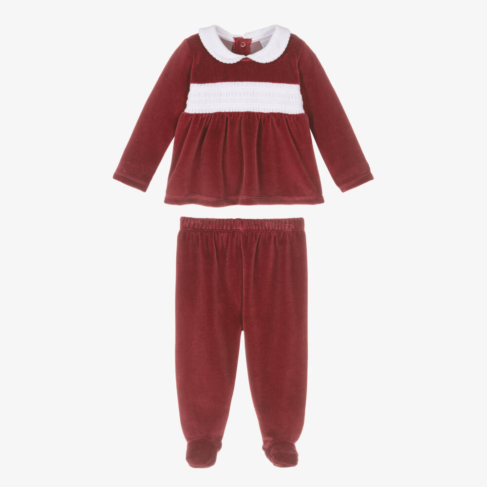 Babidu-Burgundy Red Velour 2 Piece Babygrow with Smocking | Childrensalon Outlet