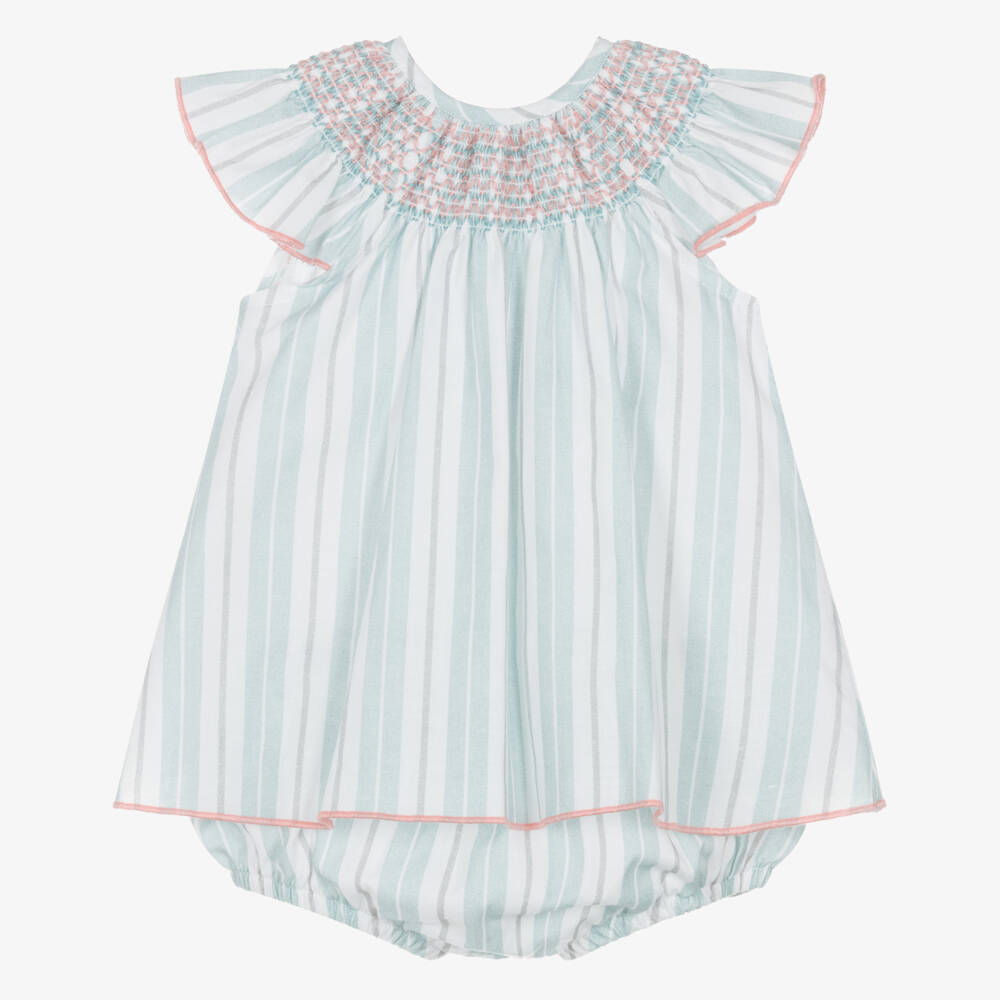 Babidu-Girls Aqua Blue Stripe Cotton Smocked Dress | Childrensalon Outlet