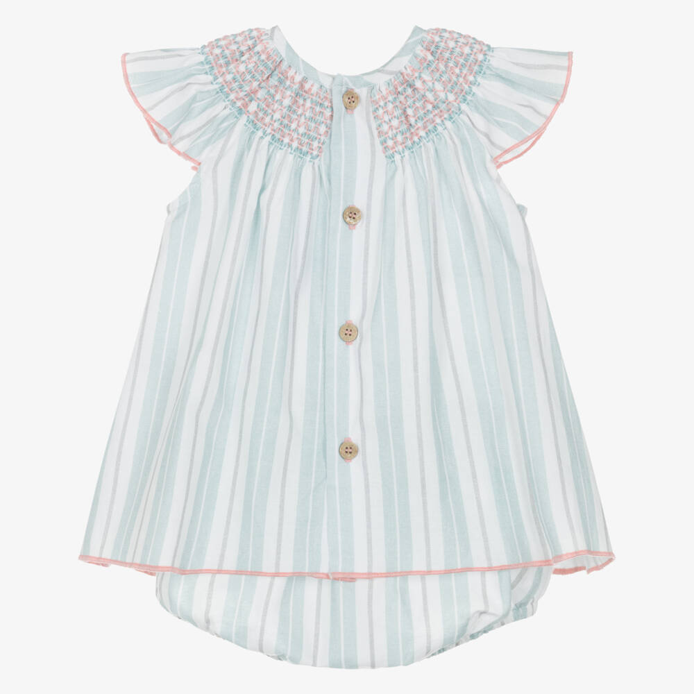 Babidu-Girls Aqua Blue Stripe Cotton Smocked Dress | Childrensalon Outlet