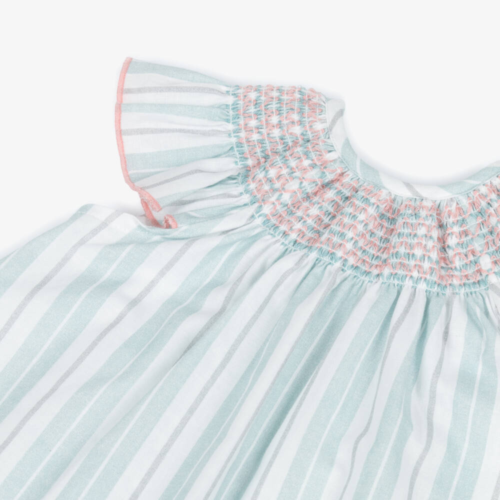 Babidu-Girls Aqua Blue Stripe Cotton Smocked Dress | Childrensalon Outlet