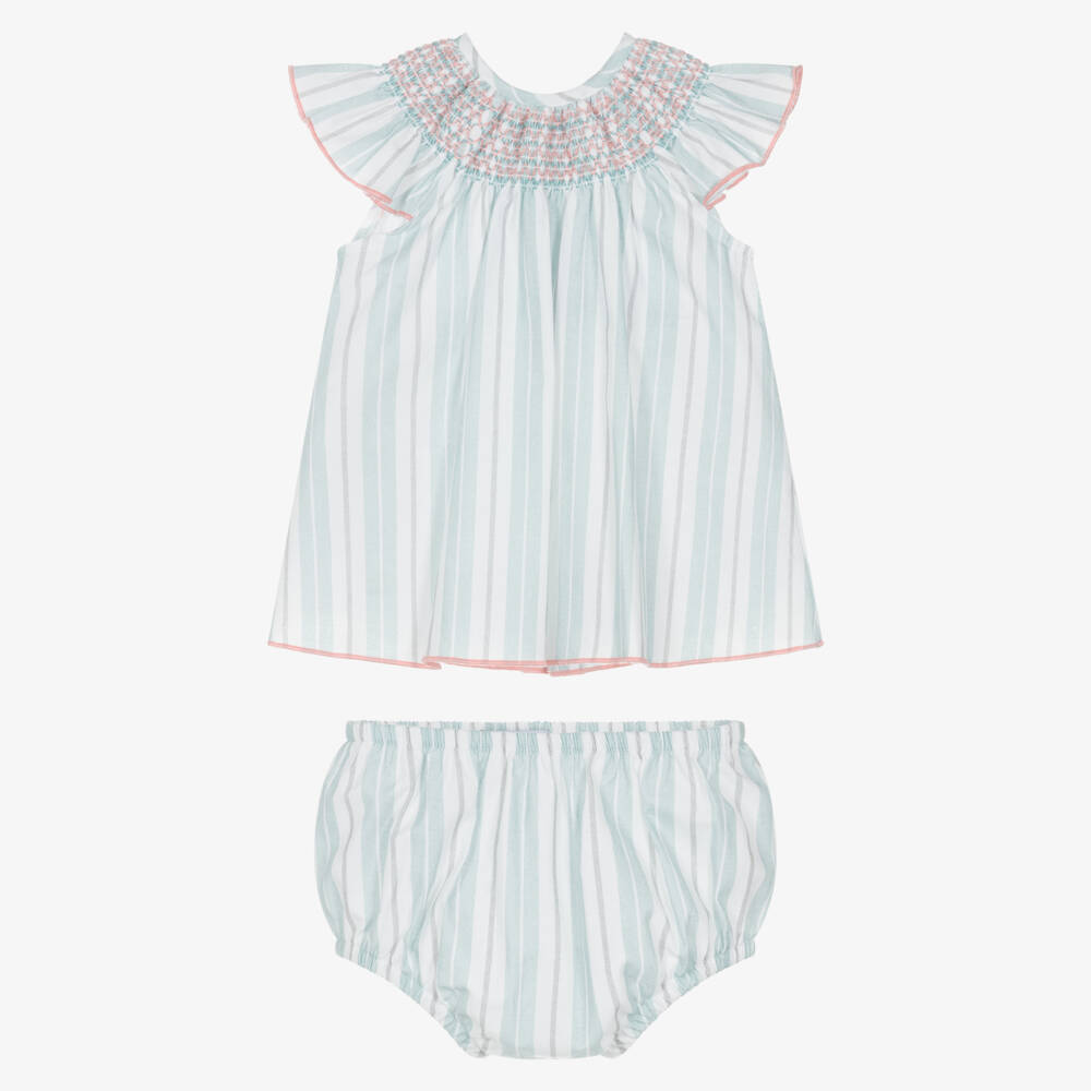 Babidu-Girls Aqua Blue Stripe Cotton Smocked Dress | Childrensalon Outlet