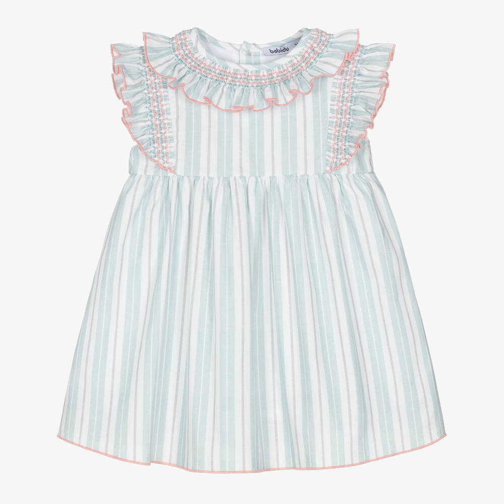 Babidu-Girls Aqua Blue Striped Cotton Dress with Smocked Ruffles | Childrensalon Outlet