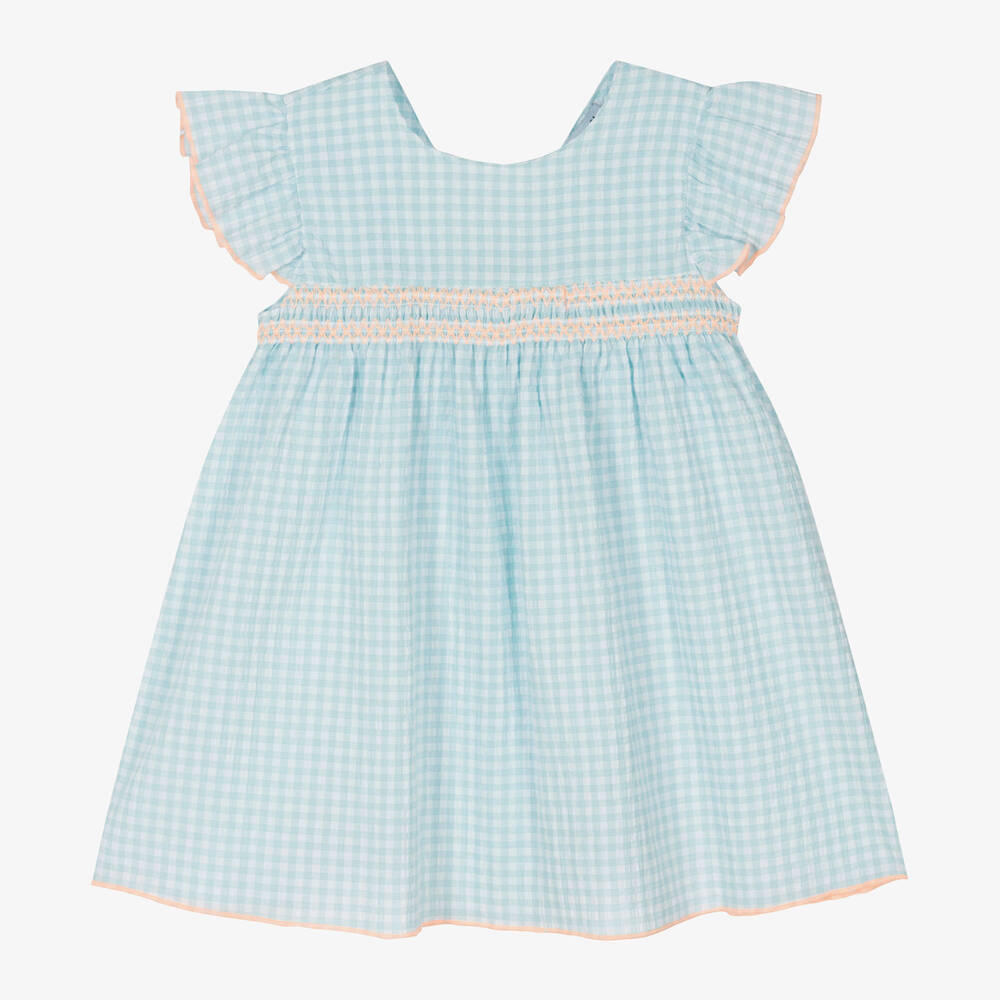 Babidu-Girls Aqua Green Shirred Seersucker Dress | Childrensalon Outlet