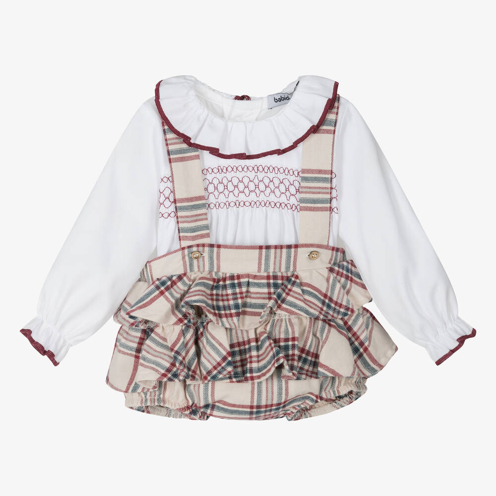 Babidu - Girls Beige Check Cotton Shorts Set | Childrensalon