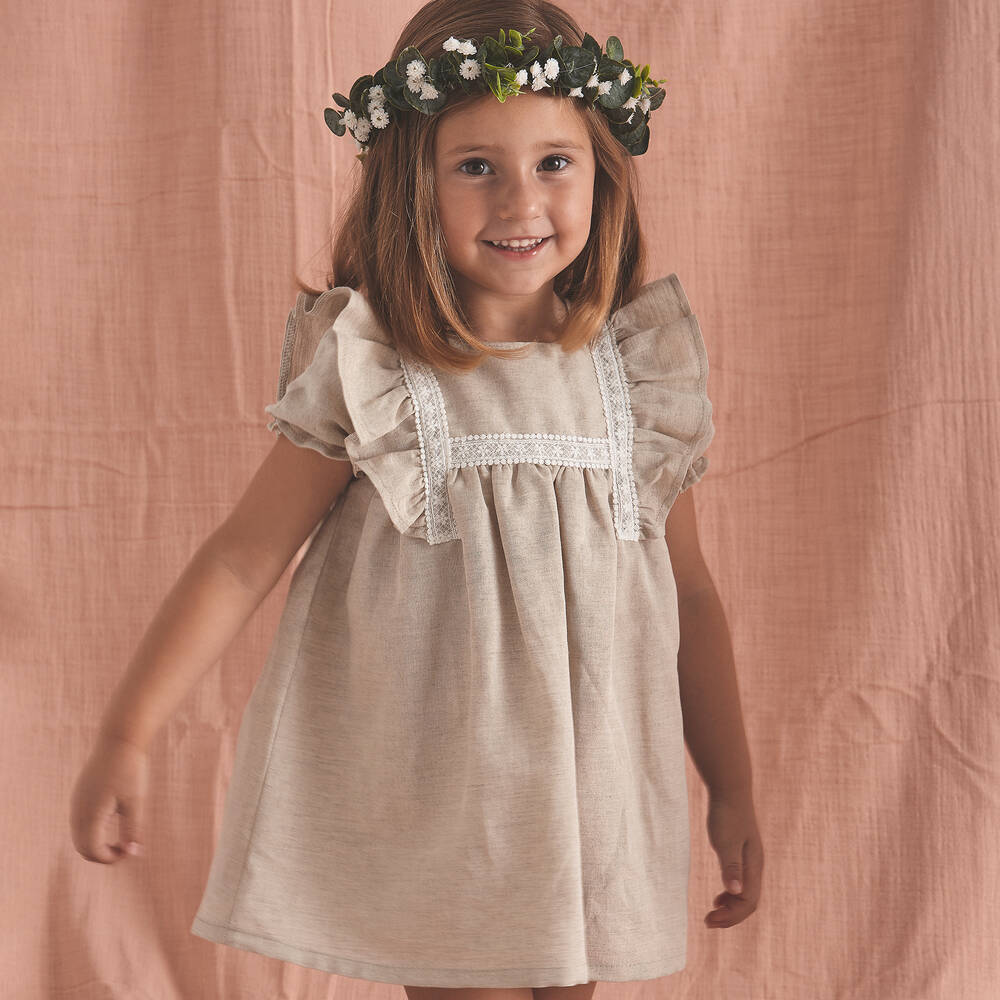 Babidu-Girls Beige Cotton Dress | Childrensalon Outlet