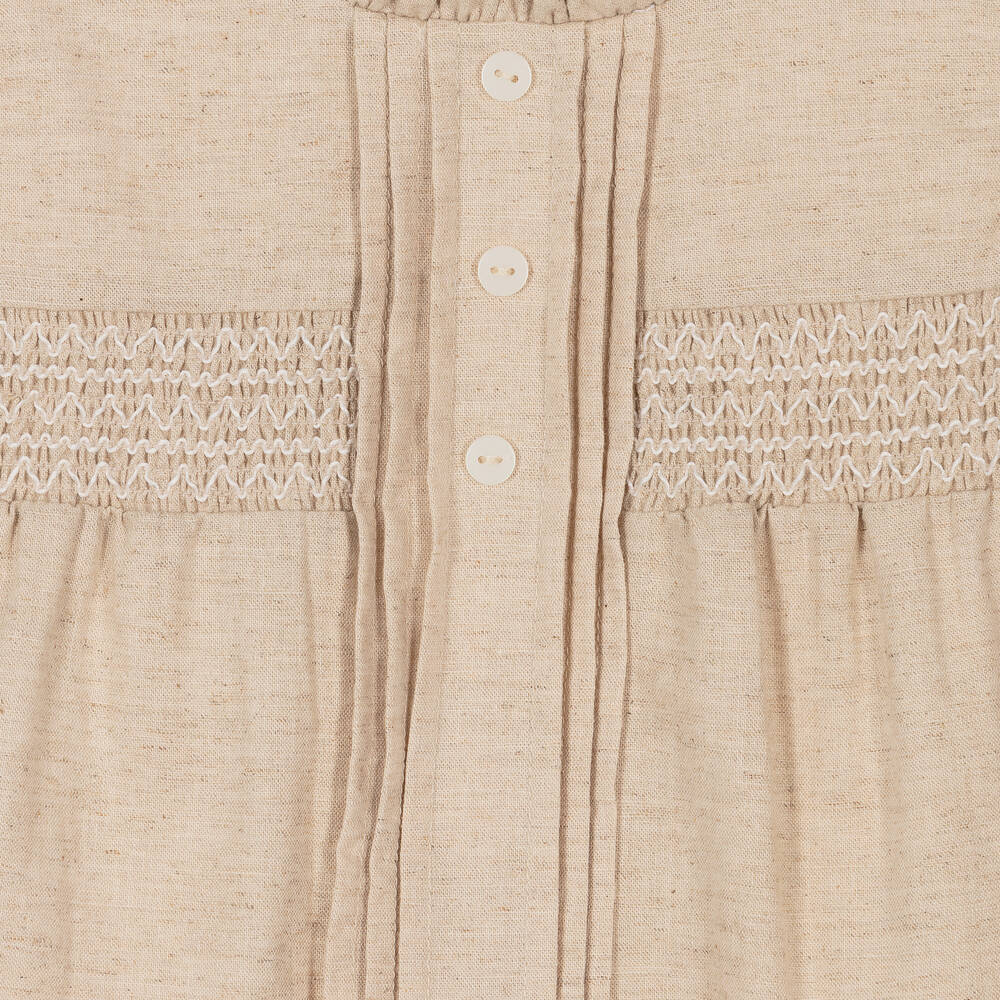 Babidu-Girls Beige Cotton & Linen Smocked Dress | Childrensalon Outlet