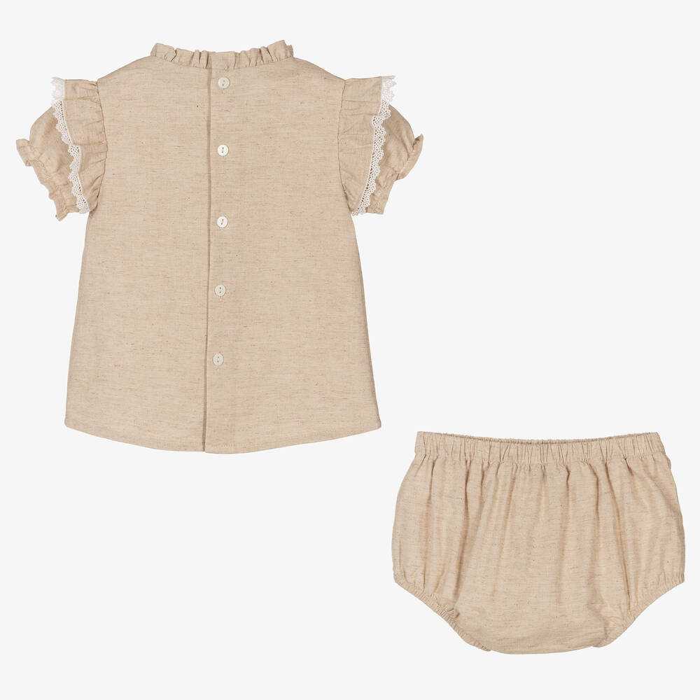 Babidu-Girls Beige Cotton & Linen Smocked Dress | Childrensalon Outlet