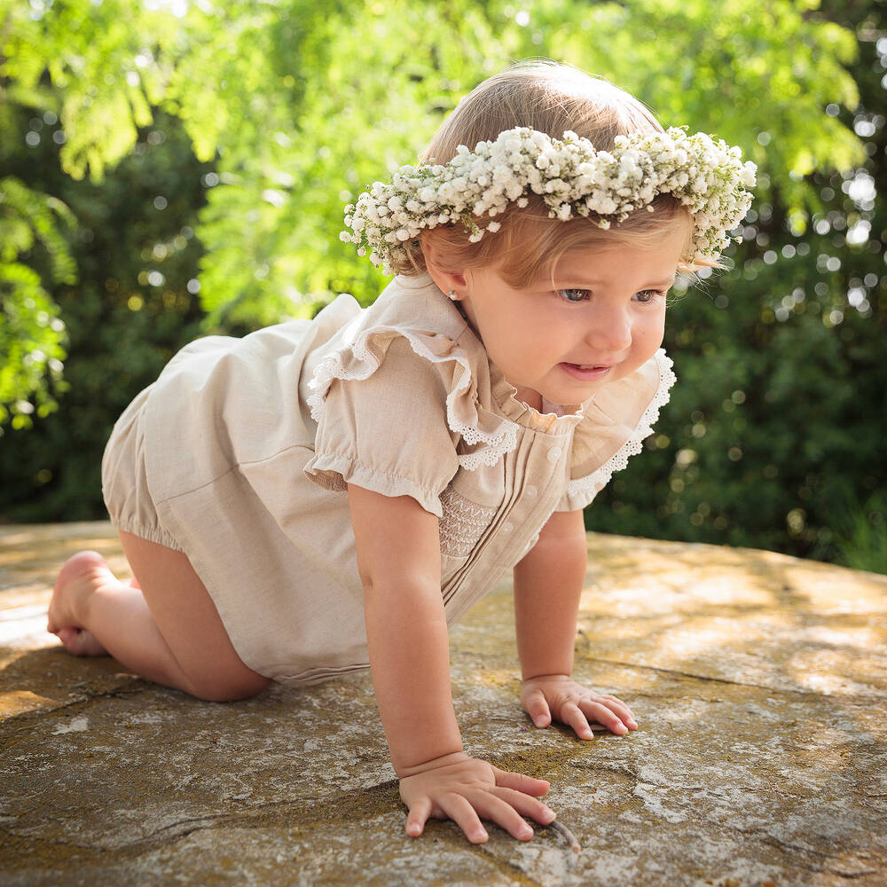 Babidu-Girls Beige Cotton & Linen Smocked Dress | Childrensalon Outlet