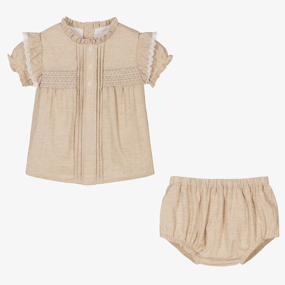 Babidu-Girls Beige Cotton & Linen Smocked Dress | Childrensalon Outlet