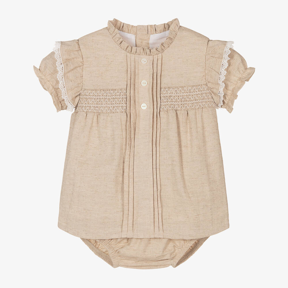 Babidu-Girls Beige Cotton & Linen Smocked Dress | Childrensalon Outlet