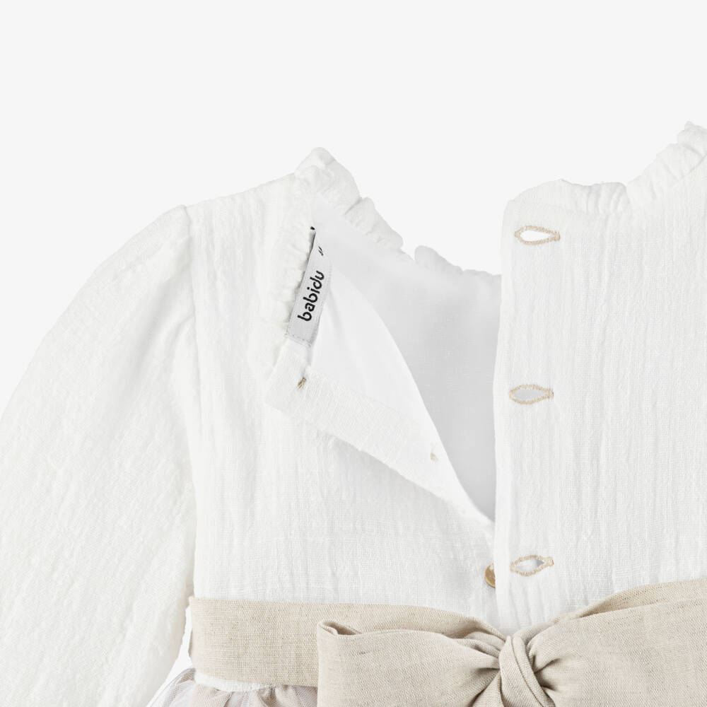 Babidu-Girls Beige Cotton & Tulle Dress | Childrensalon Outlet